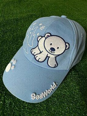 Sea World Youth Kids Light Blue Embroidered Polar Bear Adjustable Cap Hat OSFA